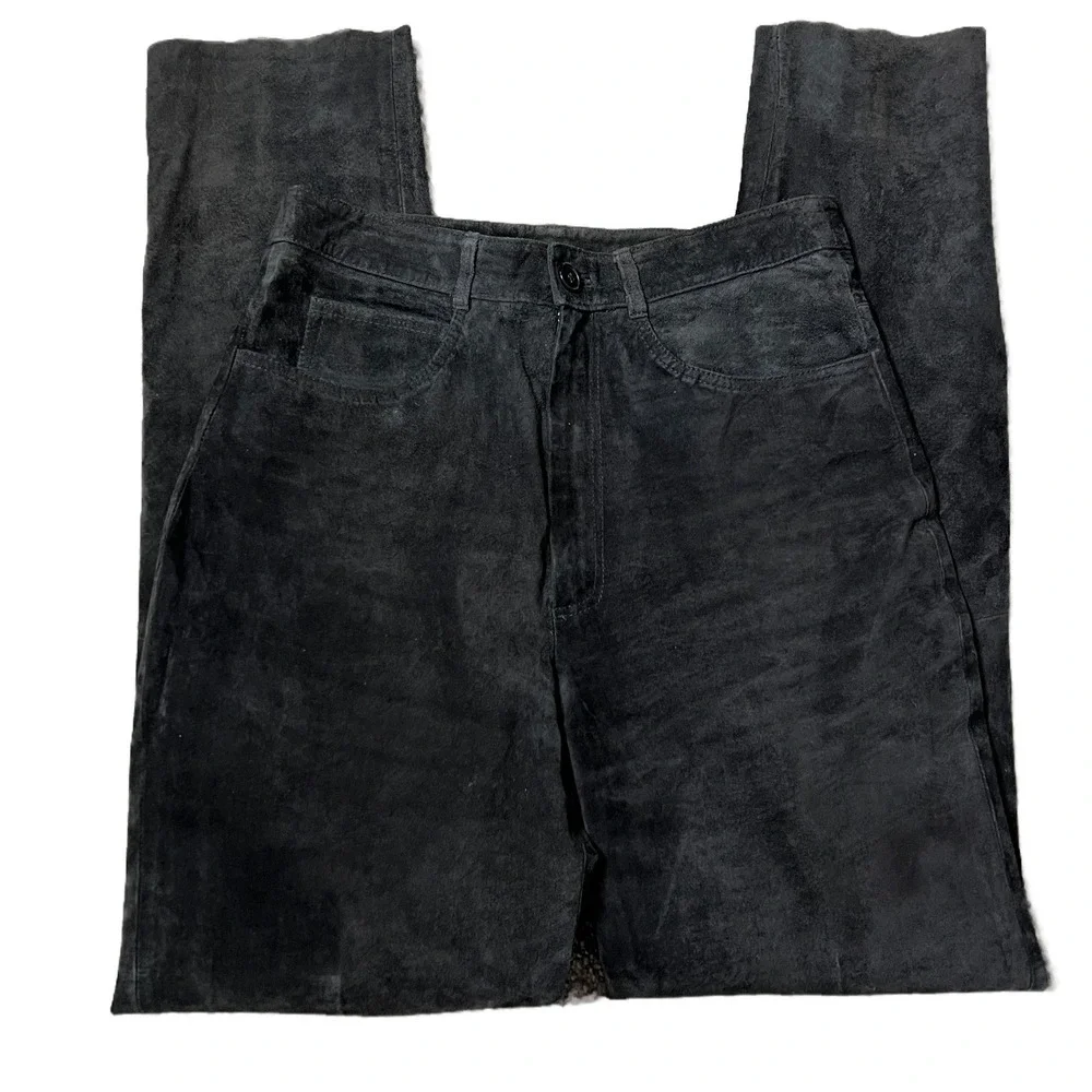 Vintage Shirley France 100% Leather Black Suede Pants Women Size 12 Straight Leg